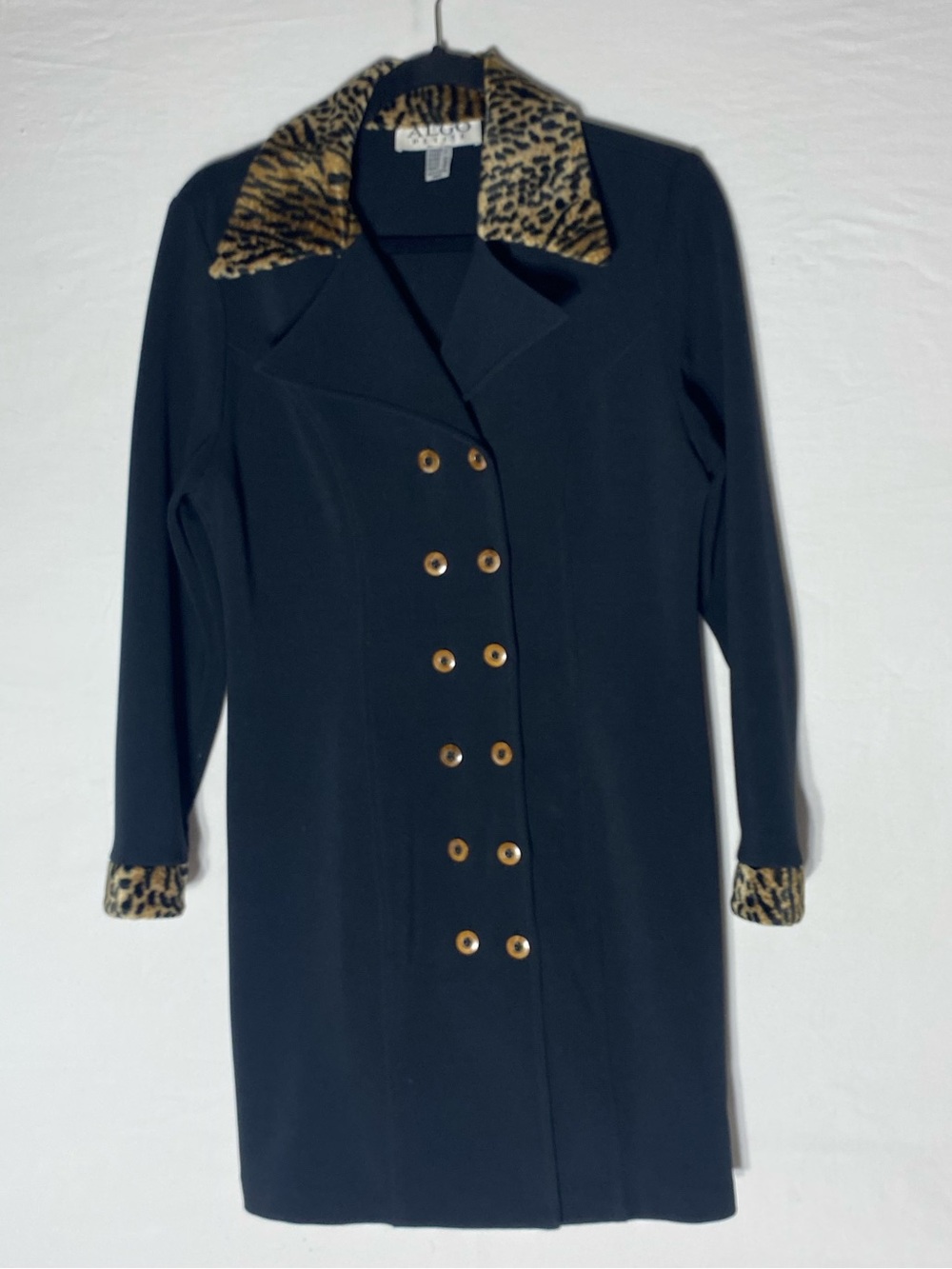 Vintage 90s Algo Petite Black Double Breasted Faux Fur Leopard Trim Coat Dress 8